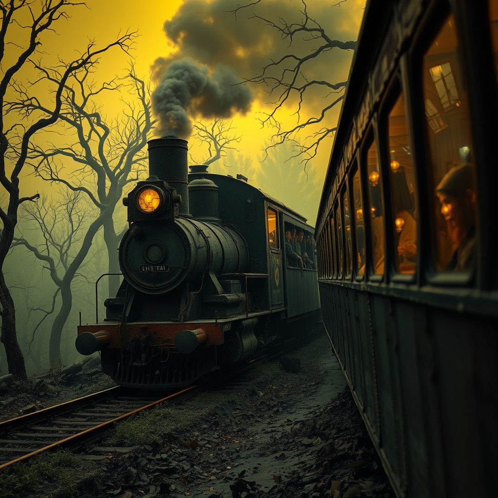 Vintage Train on Overgrown Track in Ominous Forest