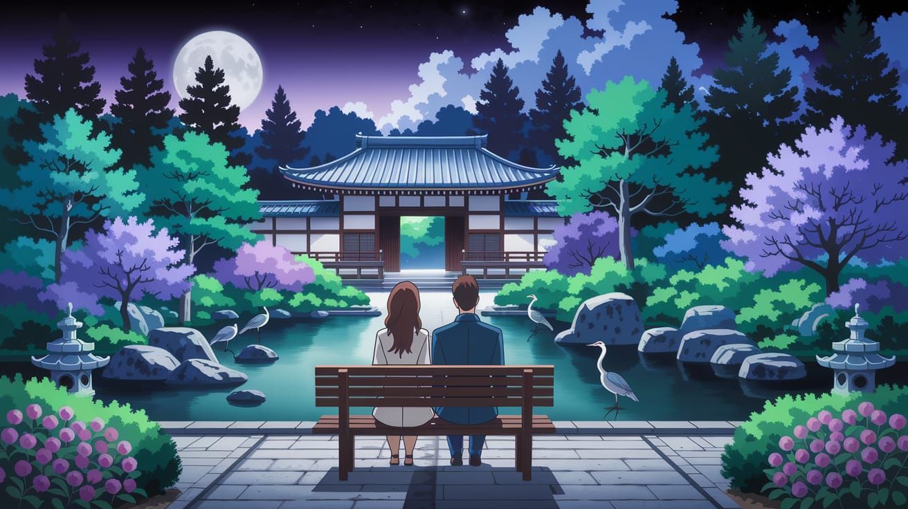 Moonlit Zen Garden with Koi Pond in Pastel Colors