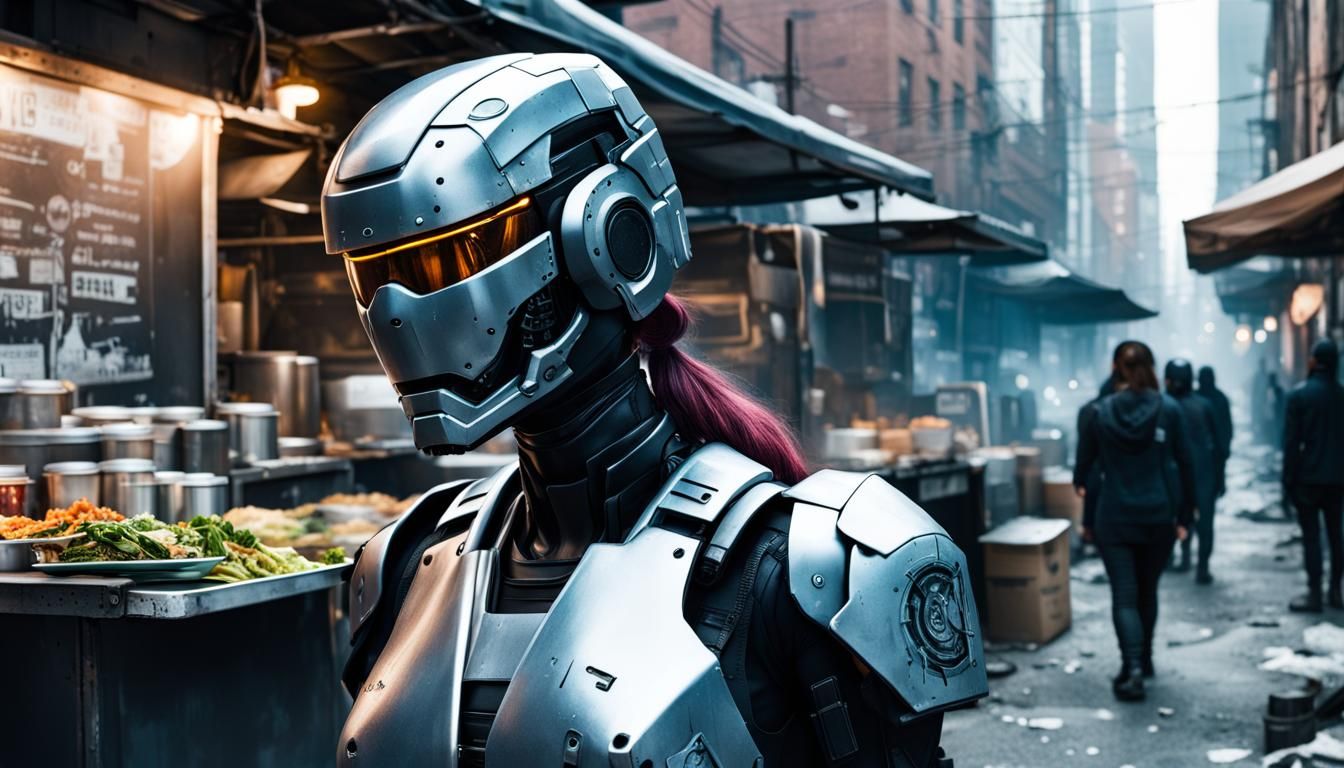 Female RoboCop in Cyberpunk Dystopian Cityscape