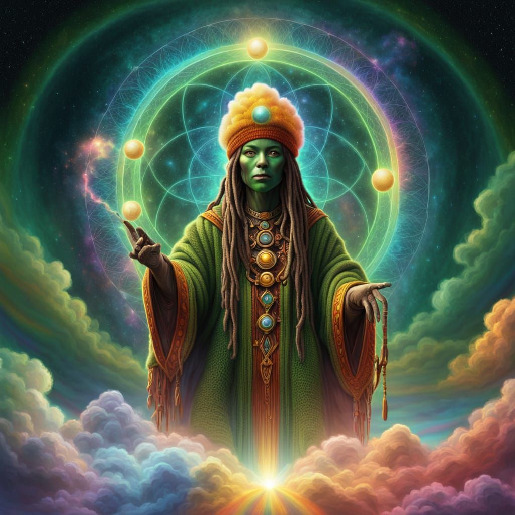 Rasta Alien Floats on Rainbow Cloud in Sci-Fi Art