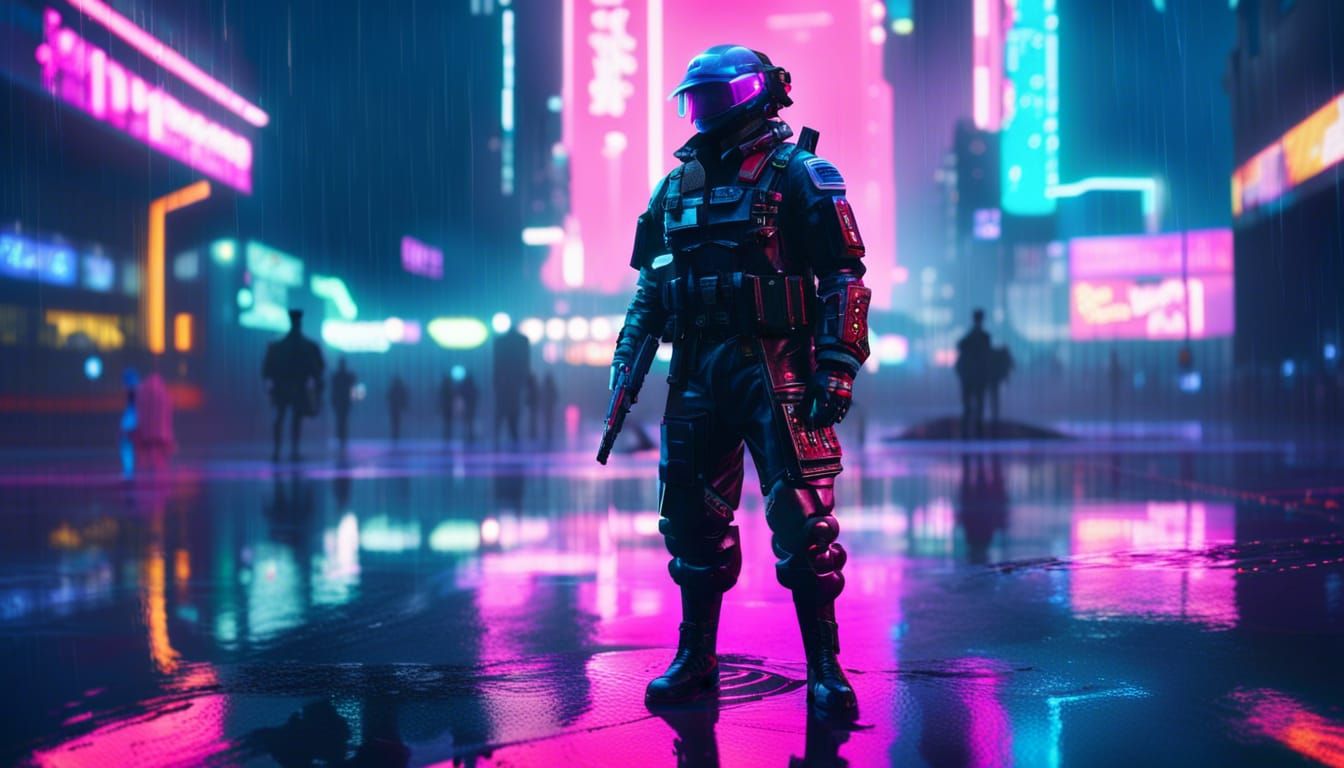 Cyberpunk Soldier in Rainy Neon Cityscape