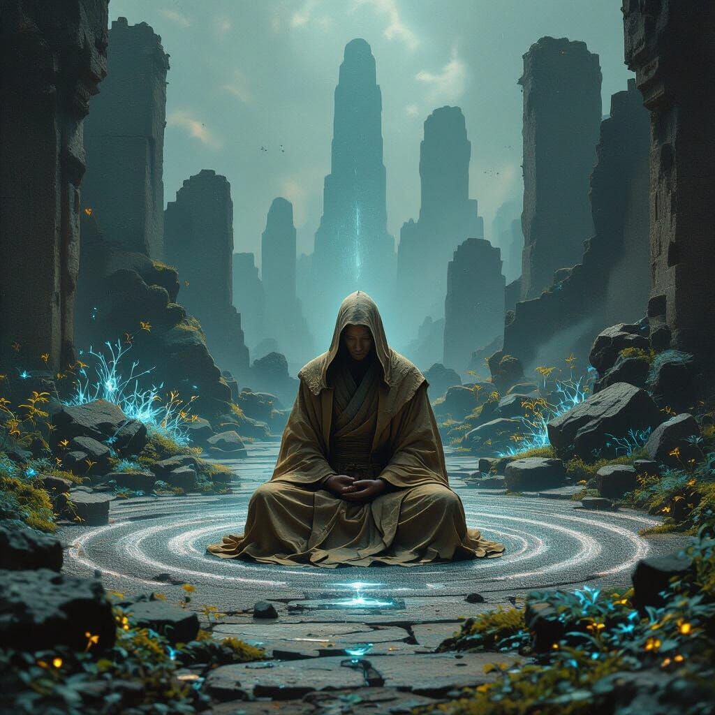 Monk Meditates in Alien Zen Garden, Surrealist Style