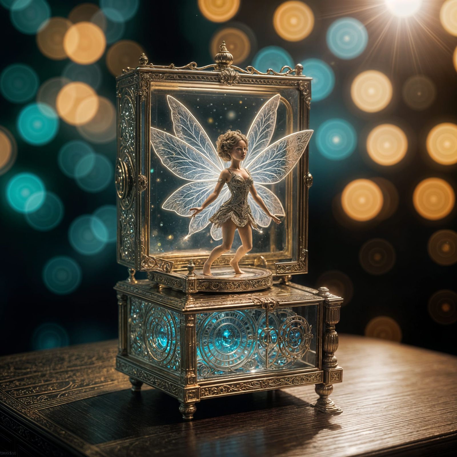 Bioluminescent Fairy Reflected in Vintage Music Box