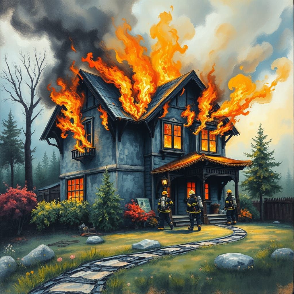 Burning House with Firefighters in Impasto Gouache Style