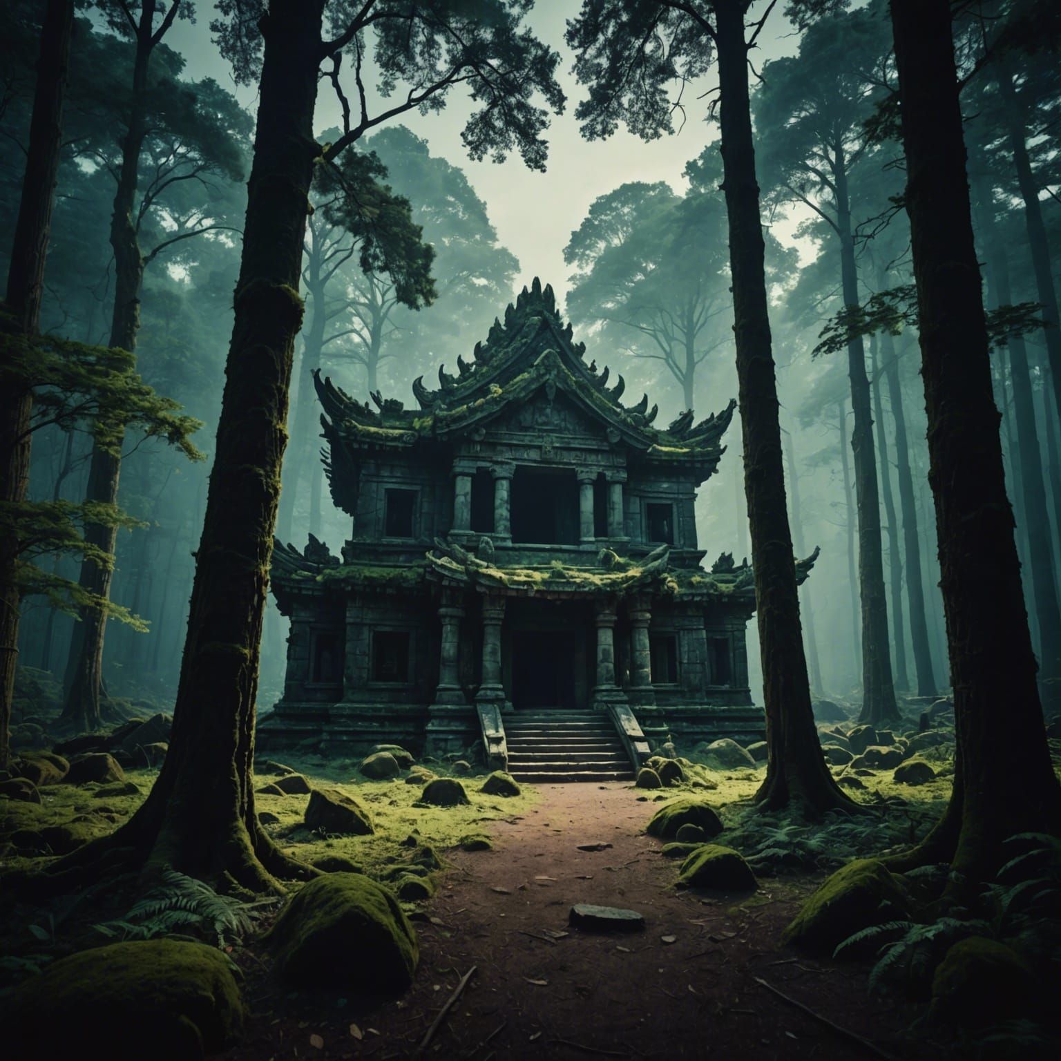 Ancient Temple in Dark Forest with Cinematic Lighting