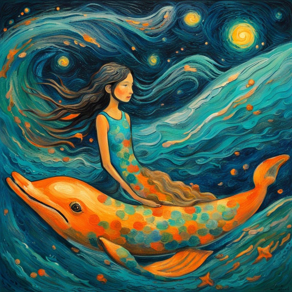 Japanese Girl on Dolphin in Starry Nightwaves