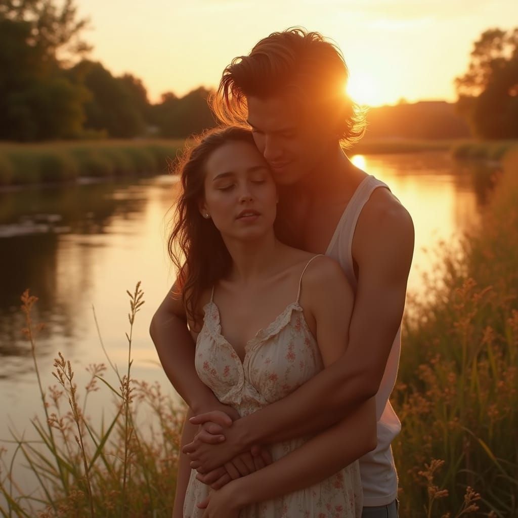 Romantic River Embrace at Sunset