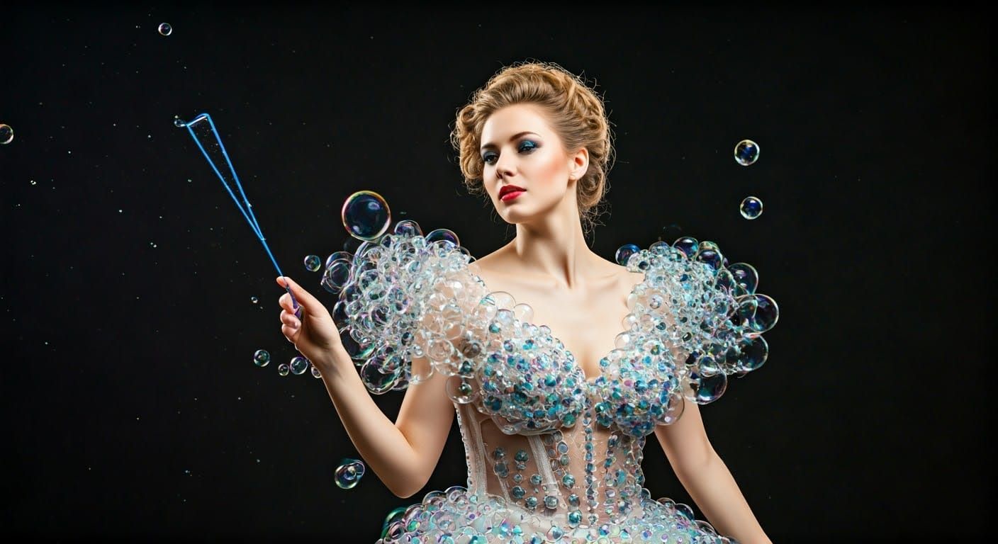 Woman in Iridescent Rainbow Bubble Dress