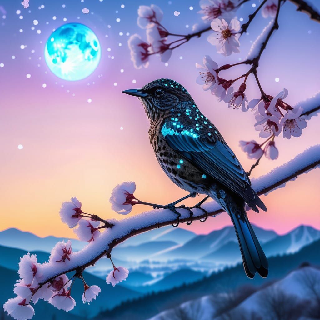 Elegant Giant Songbird Amidst Bioluminescent Cherry Blossoms...