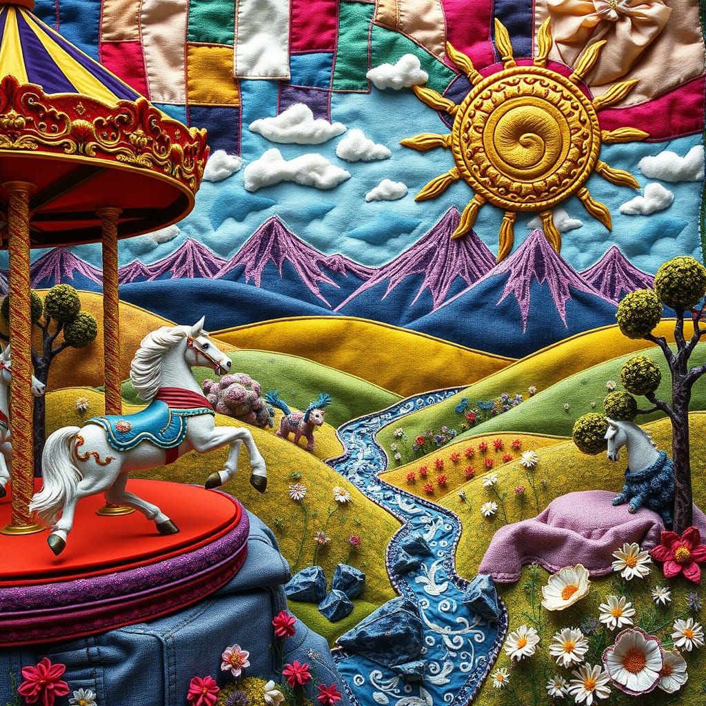 Vibrant Textile Carousel with Horses and Whimsical Landscape