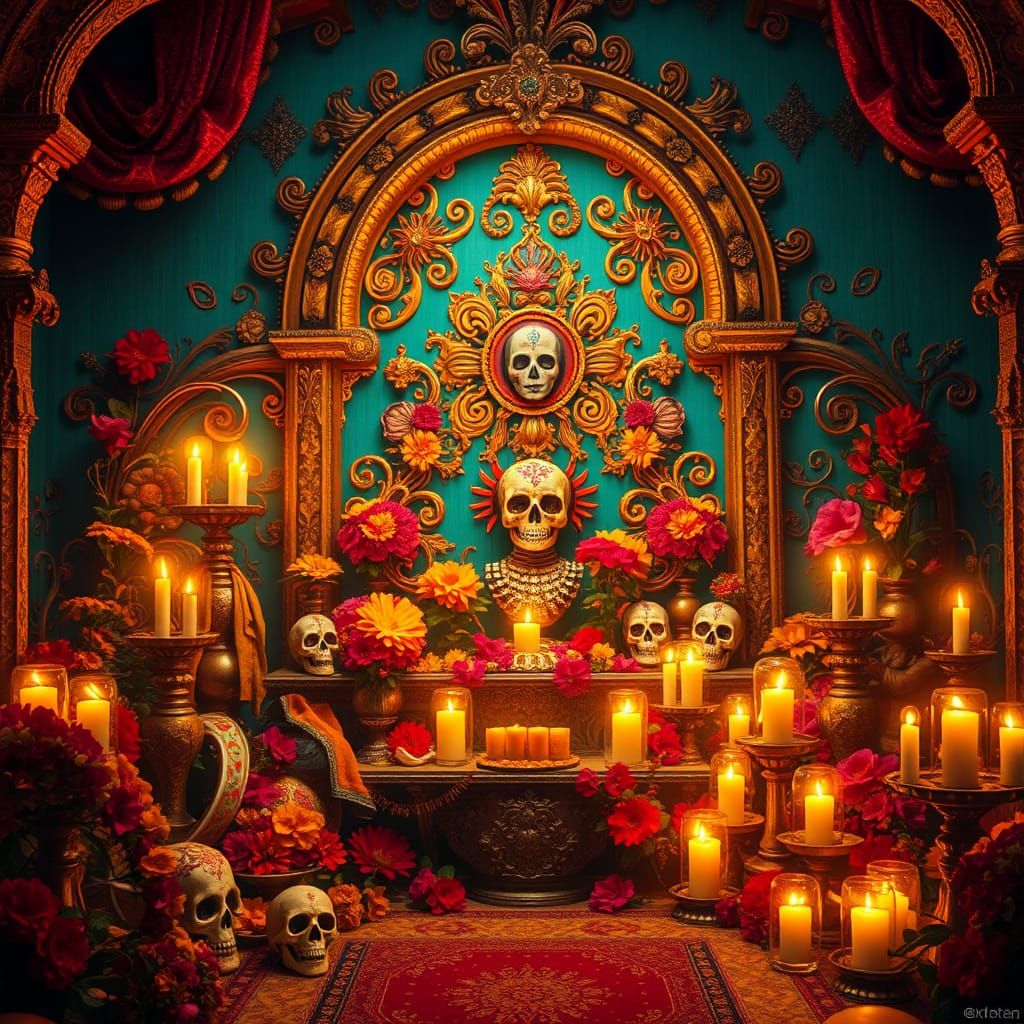 Ornate Altar of the Dead in Mystical Mexican Setting