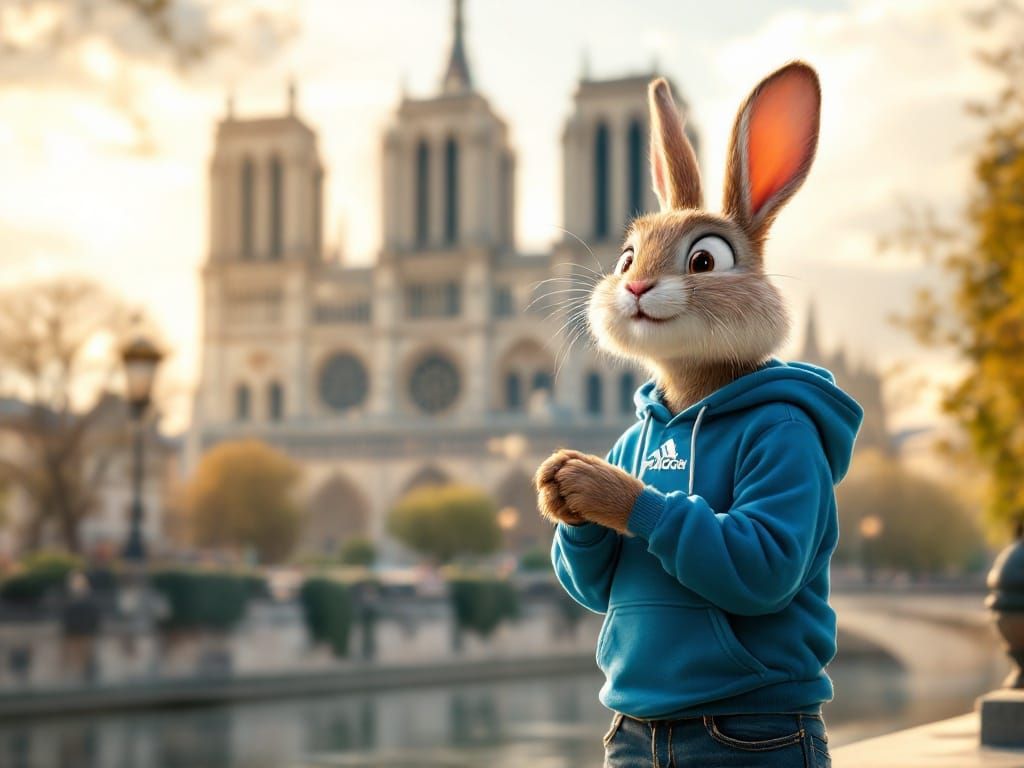 Mystical Rabbit Encounters Gothic Paris in Whimsical Style