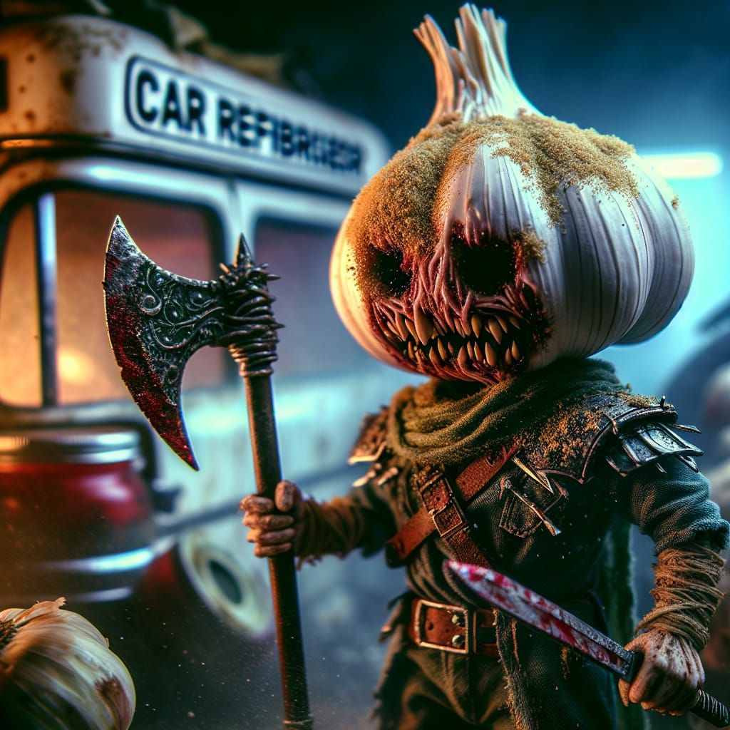 Exhausted Garlic Warrior in Dystopian Battle Scene