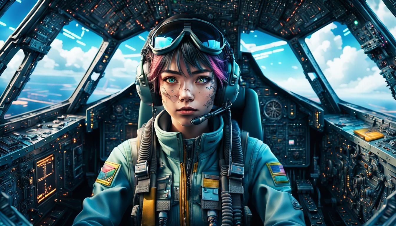 Anime Pilot in Cyberpunk Style Fighter Plane