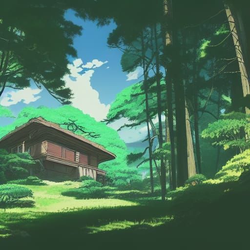 Retro Forest House in Anime Key Visual Style