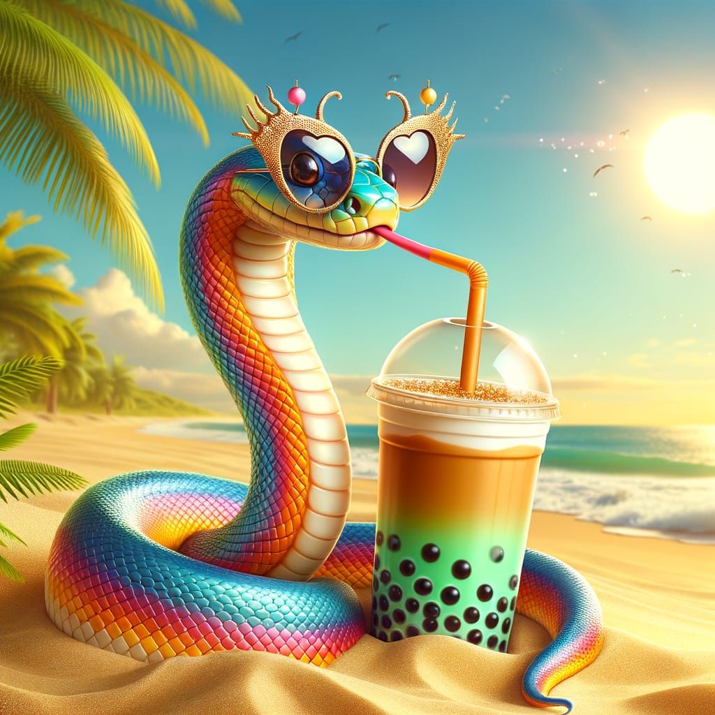 Sunglasses Snake Sipping Bubble Tea on Beach