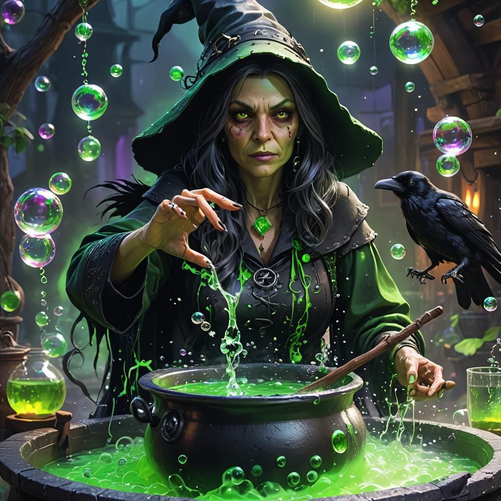High detail of a witch and her pet Raven stirring a bubbling...