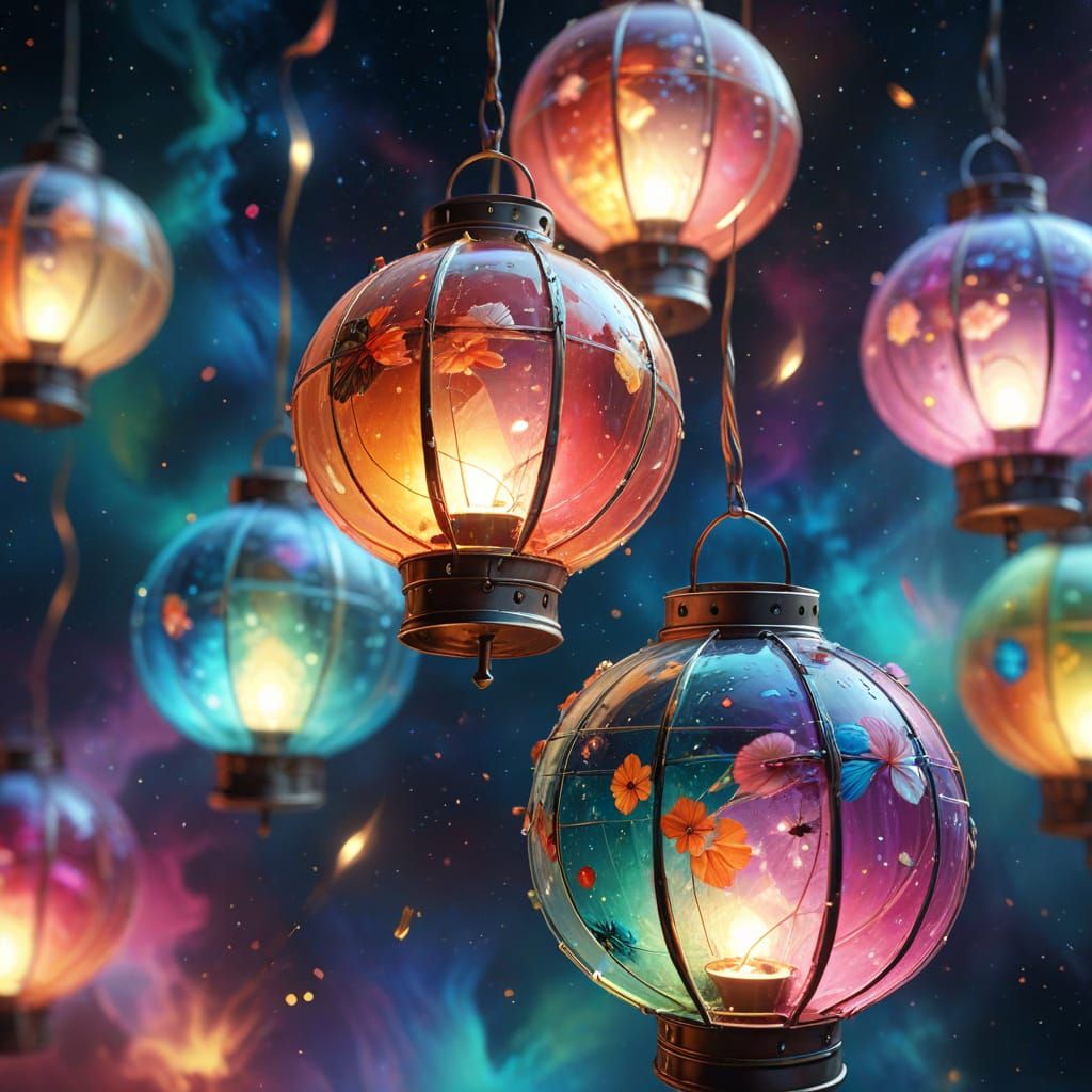 Surreal Lanterns Float in Space with Rainbow Glow