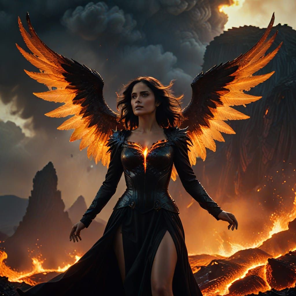 Dark Angel Ascends Over Molten Wasteland in Cyberpunk Style