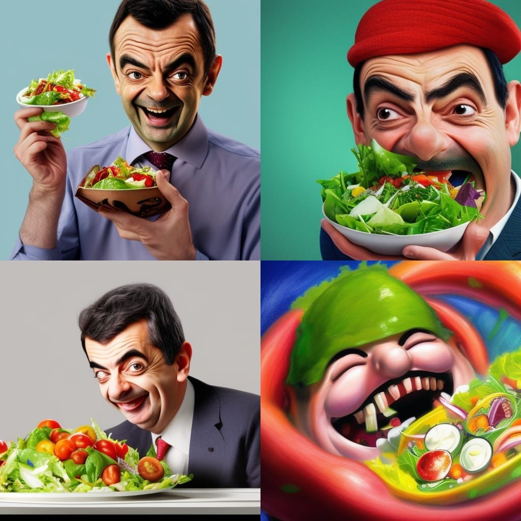 Hyperrealistic Mr. Bean Laughing Eating Salad