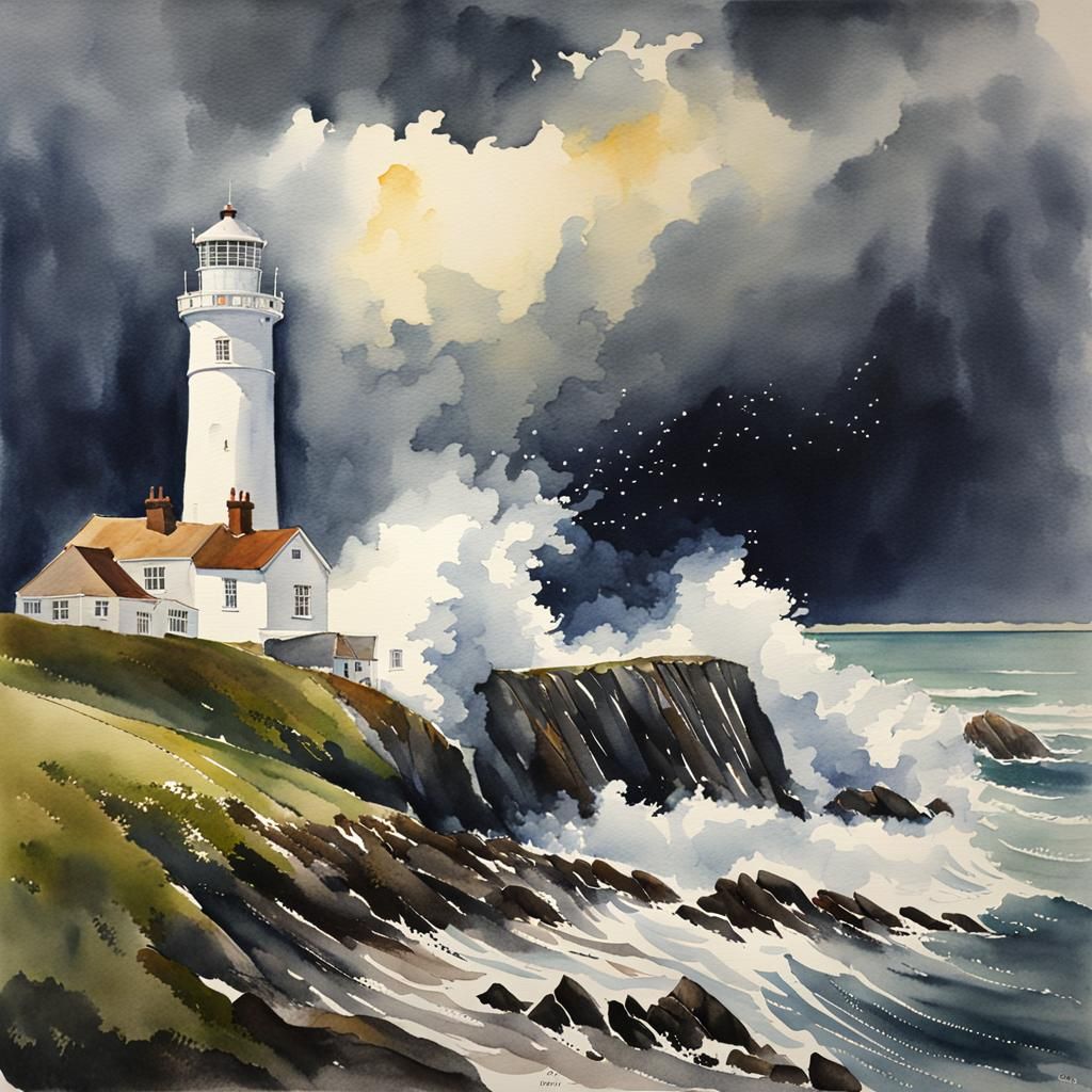 St Catherine's Lighthouse in Storm, Watercolour Painting