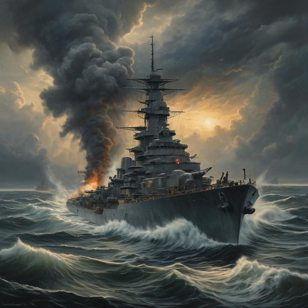 USS Texas Battleship in Stormy Atlantic, Oil Painting