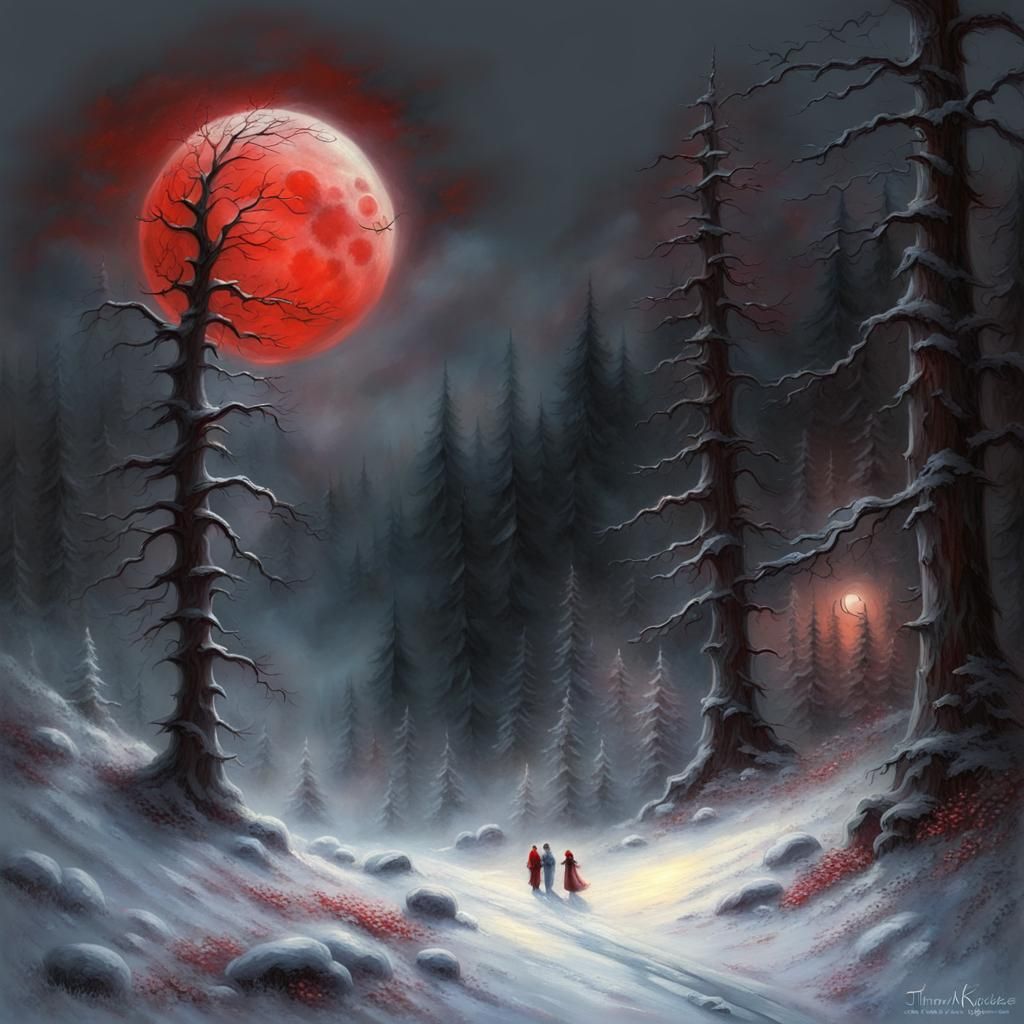 Bloody Moon Over Dark Snowy Forest
