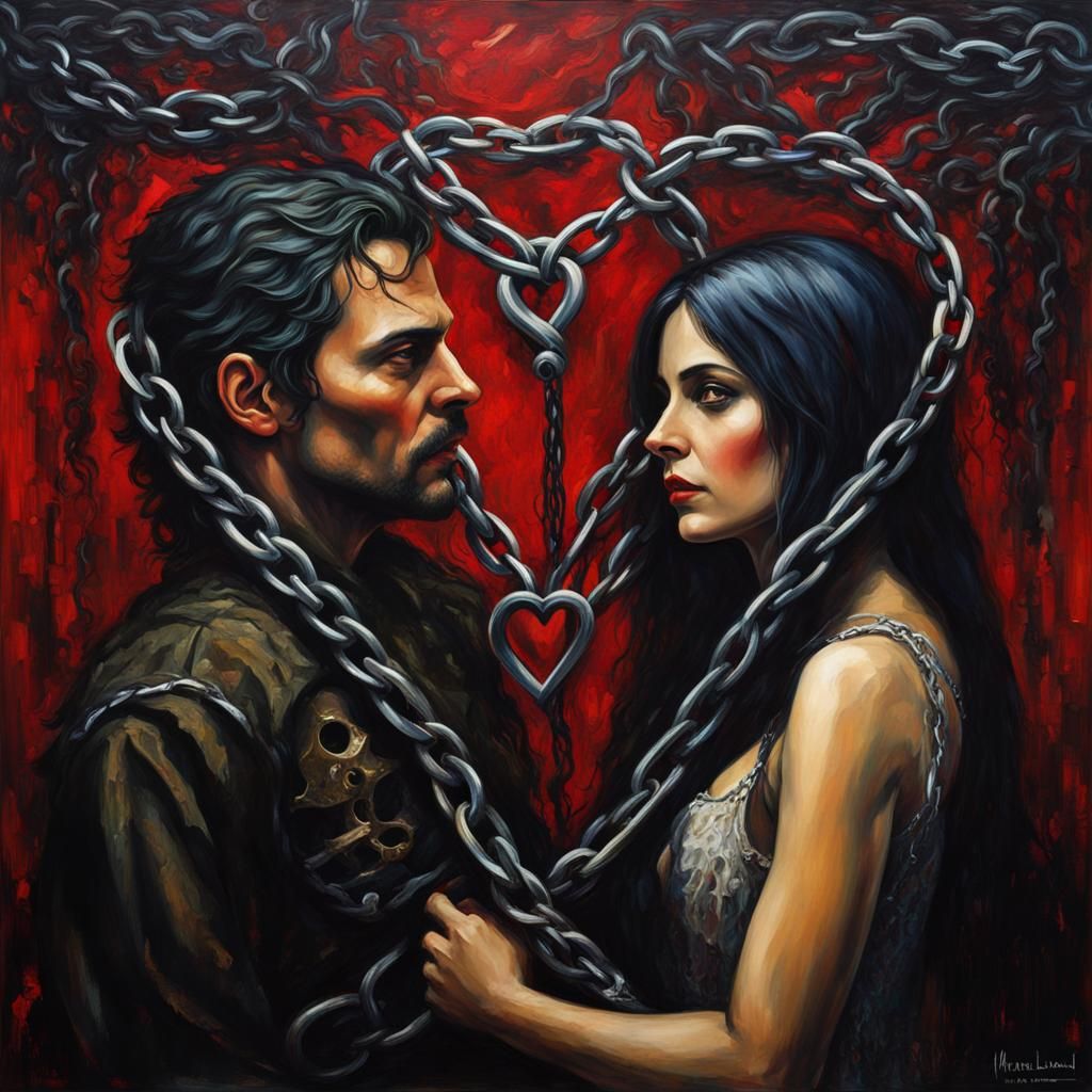 A Male female couple chains of love, heart shaped chain links , Memories fading away like dust in the wind for the fem...