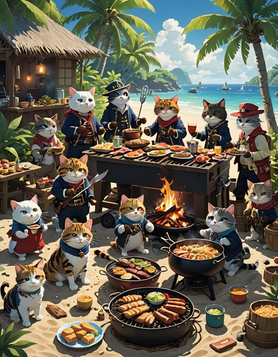 Cat Pirates BBQ on Tropical Beach, Anime Style