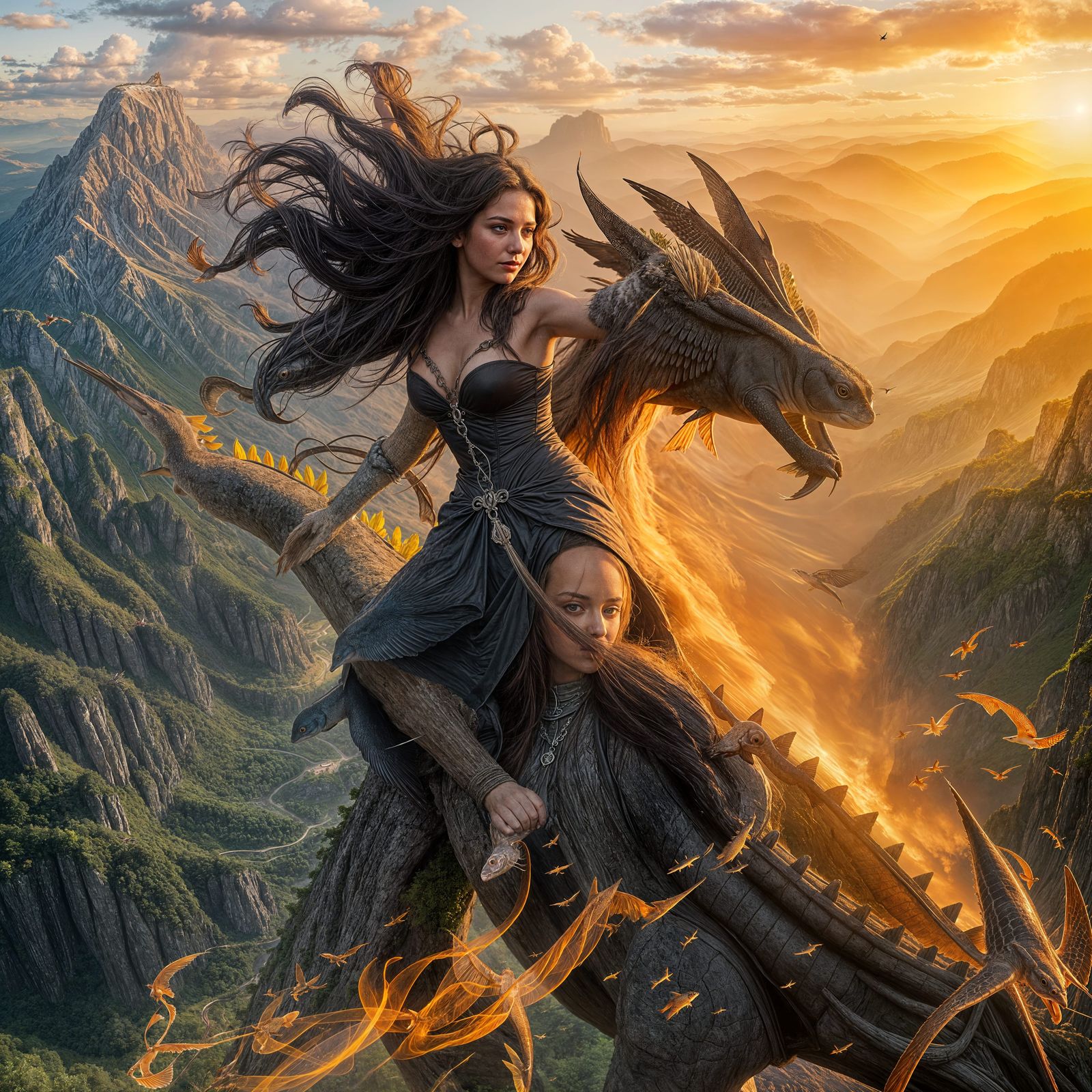 Mystical Witch Rides Fiery Dragon Over Serene Landscape at S...