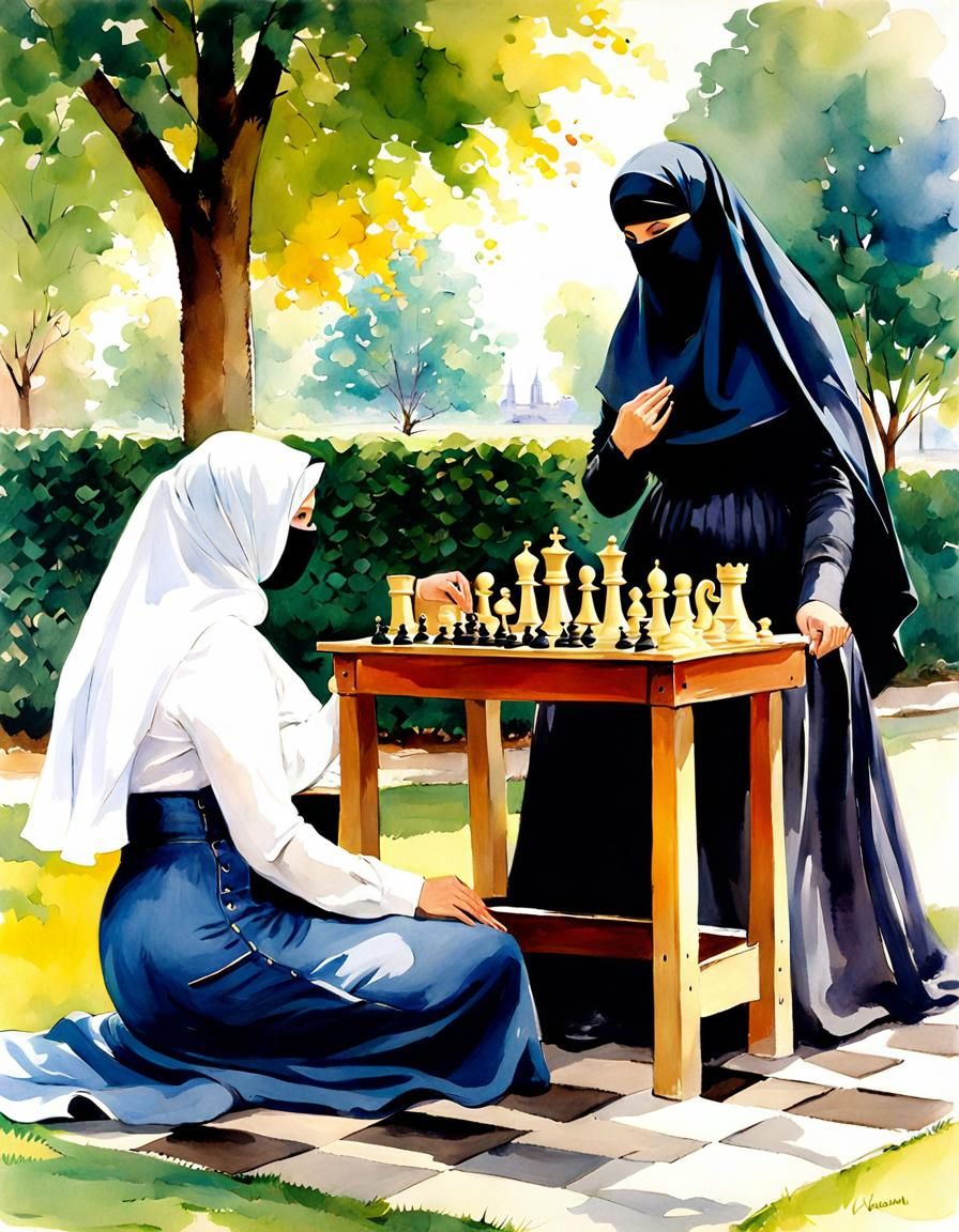 Teachers Play Chess in a Park, Watercolor Art