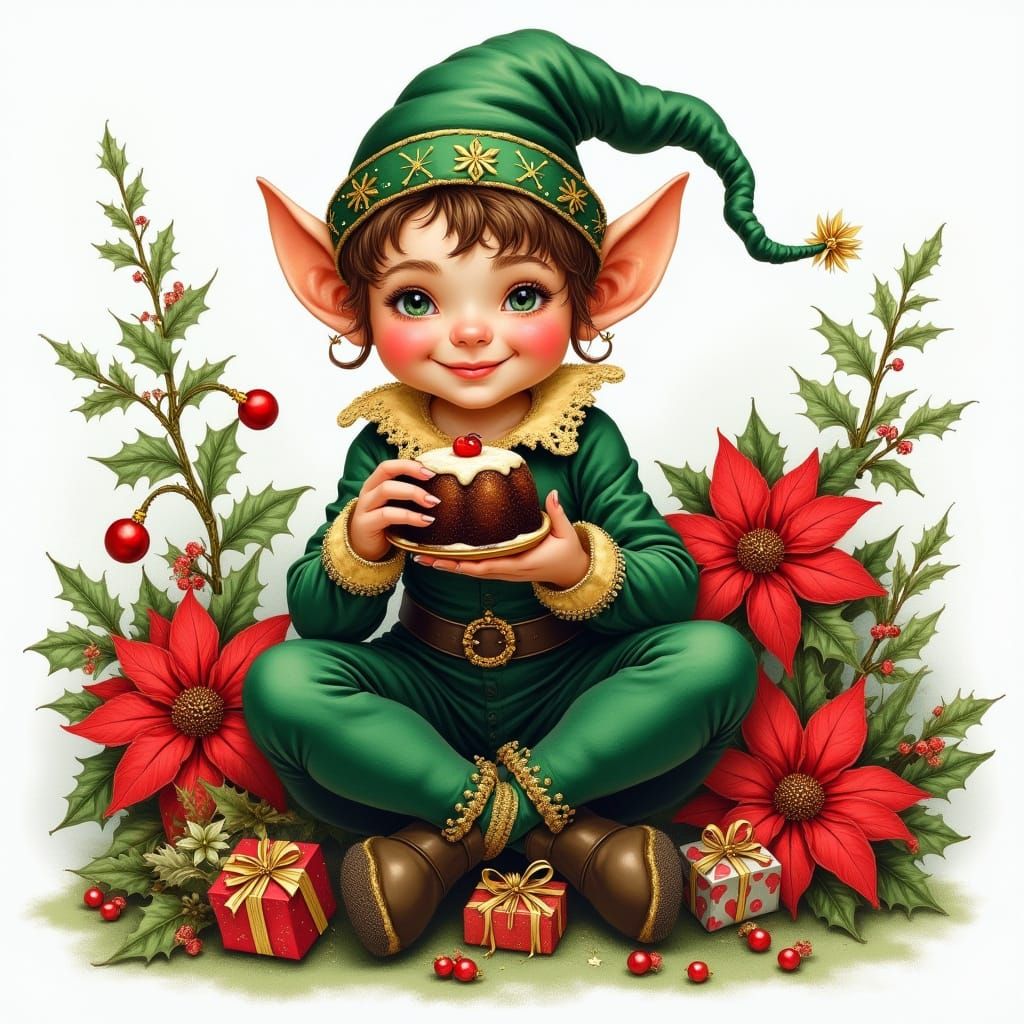 Charming Christmas Elf with Pudding, Mixed Media Art