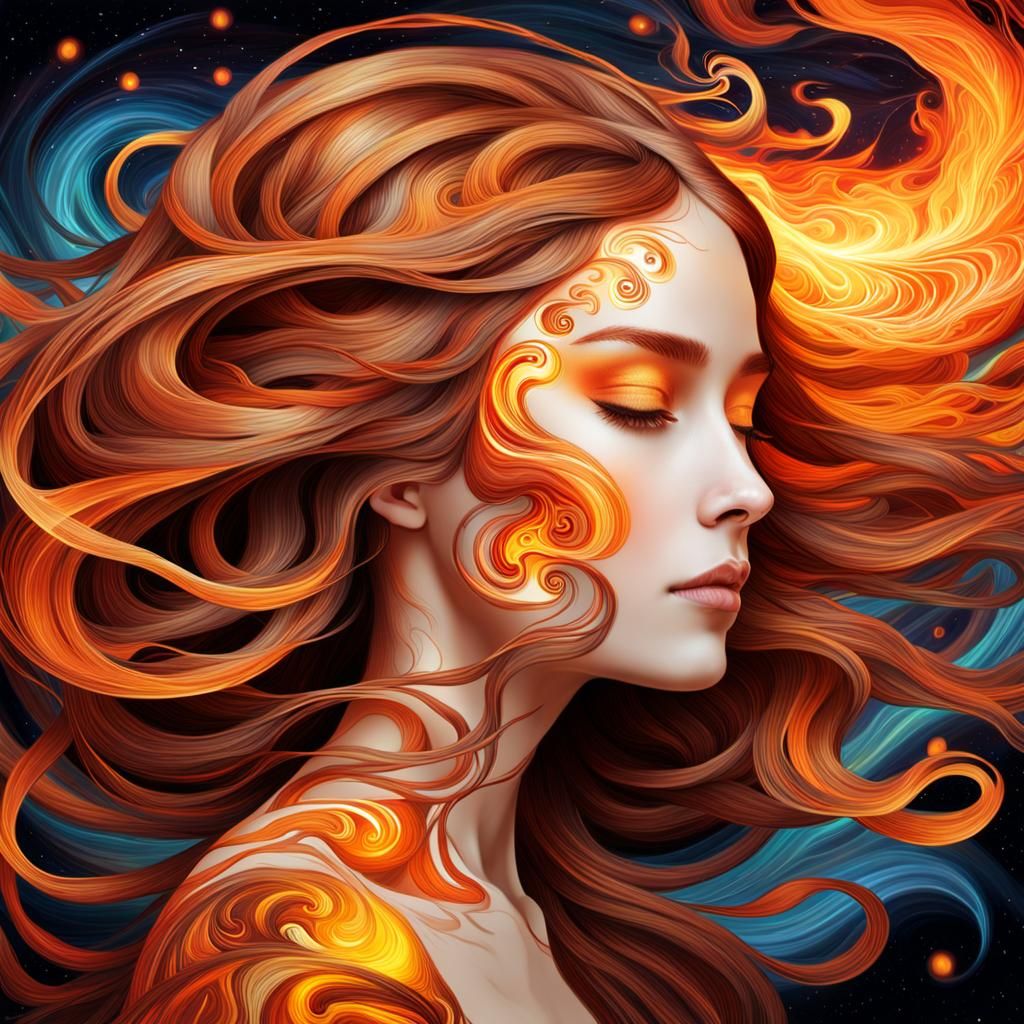 Surreal Woman with Flowing Fire Hair in Fractal Art