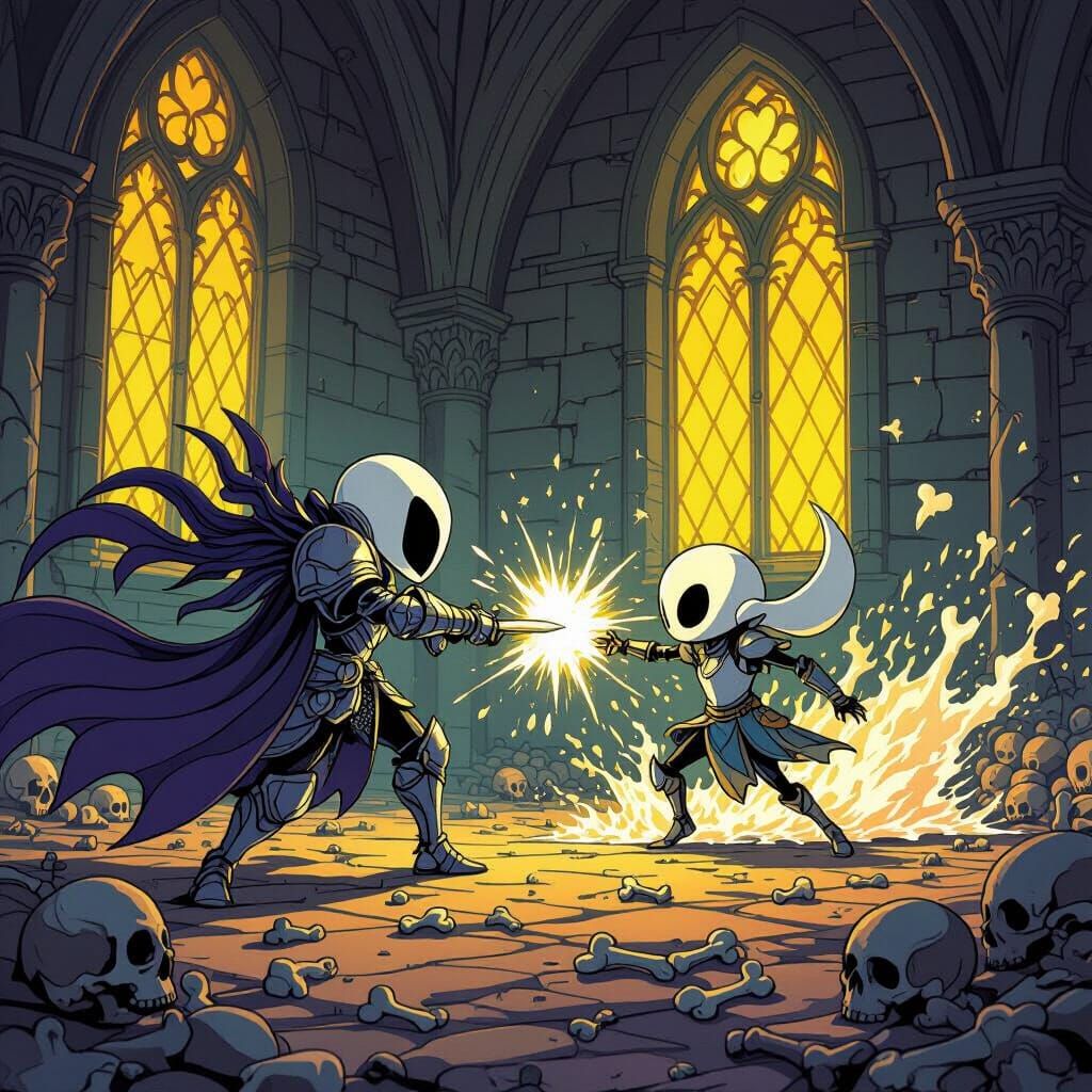 Hollow Knight Battles Sans in Gothic Church, Dark Fantasy Ar...