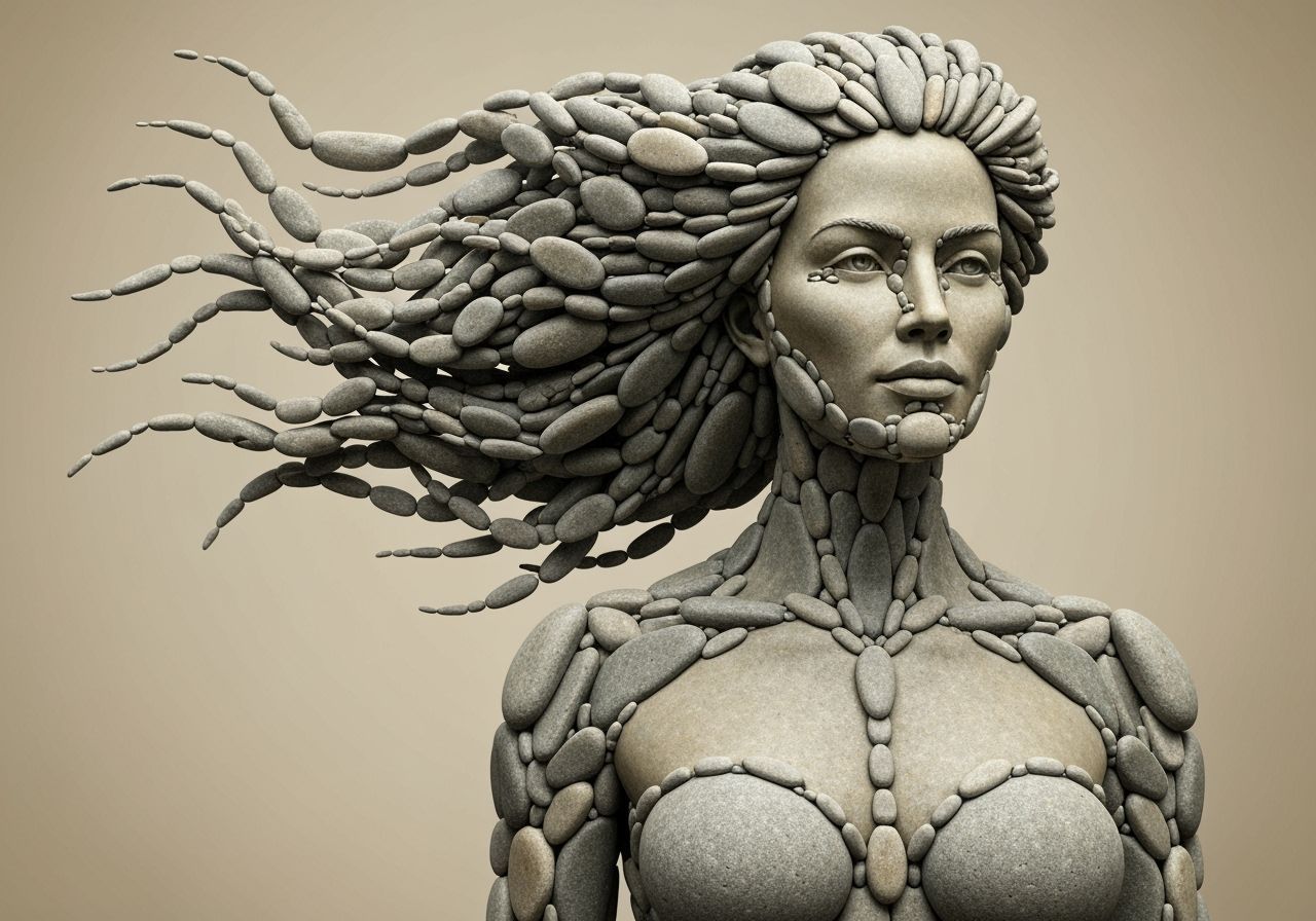 Stone Woman Sculpture with Flowing Pebble Hair