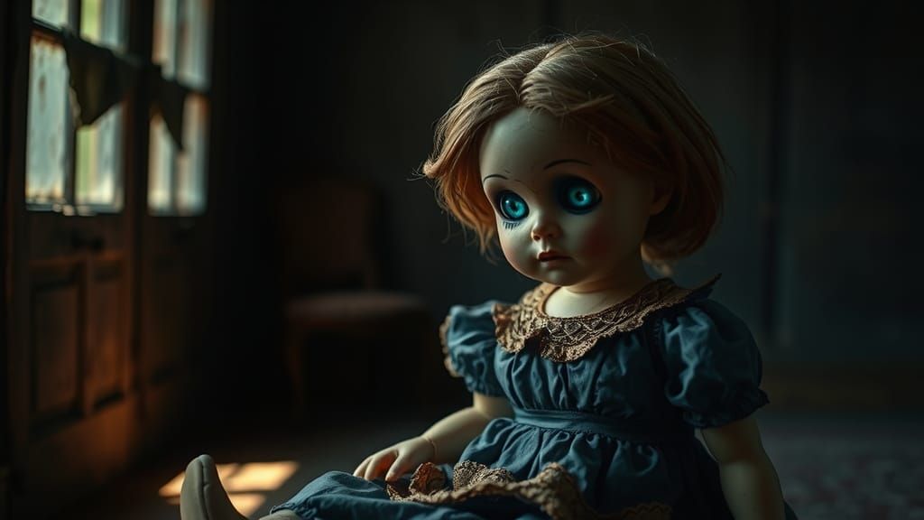 Antique Doll with Glowing Eyes in Eerie Room