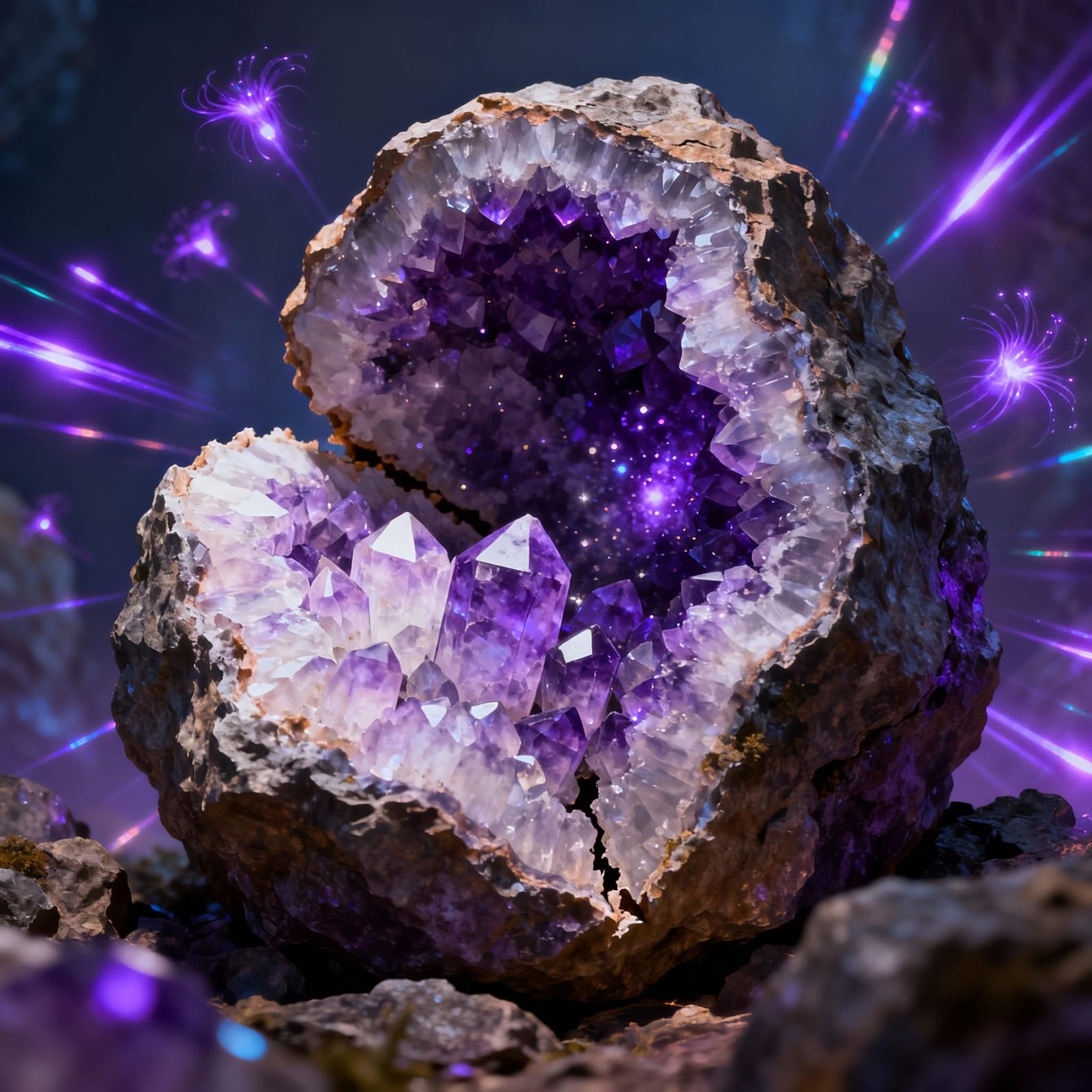 Sparkling Amethyst Geode with Bioluminescent Rays