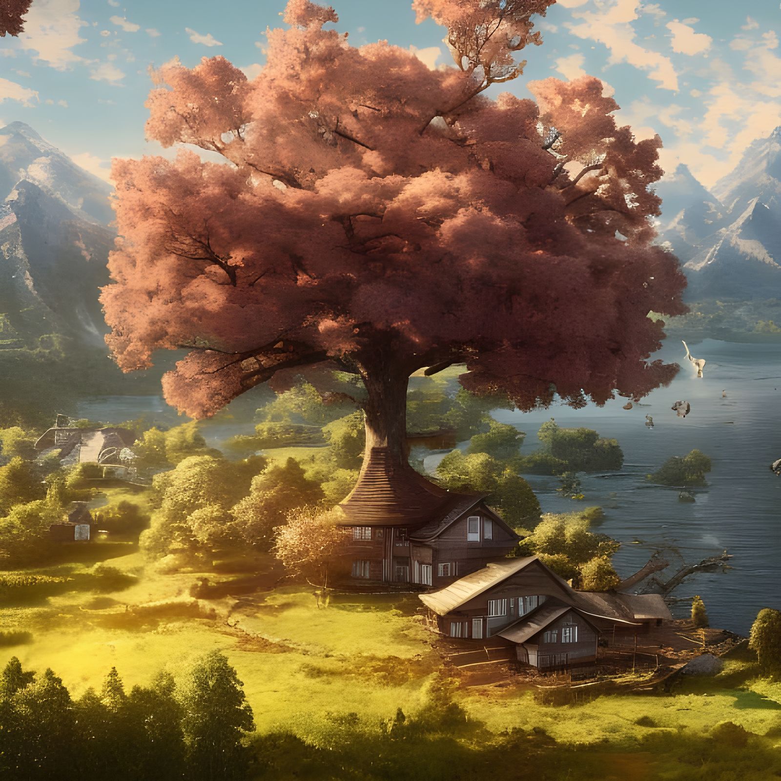 Farmhouse with Apple Tree on Mountain, Digital Art