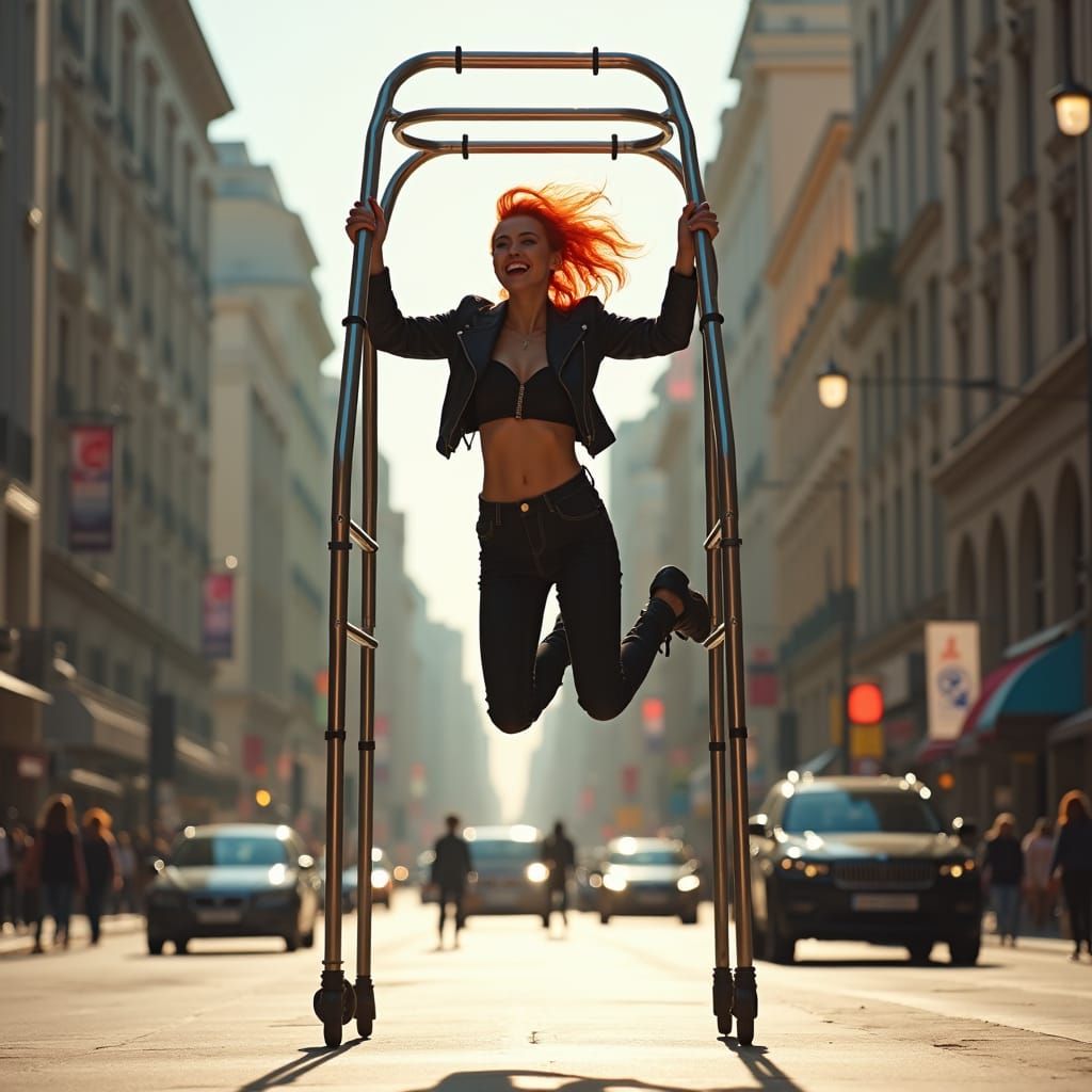 Woman Leaping with Walker in City Street
