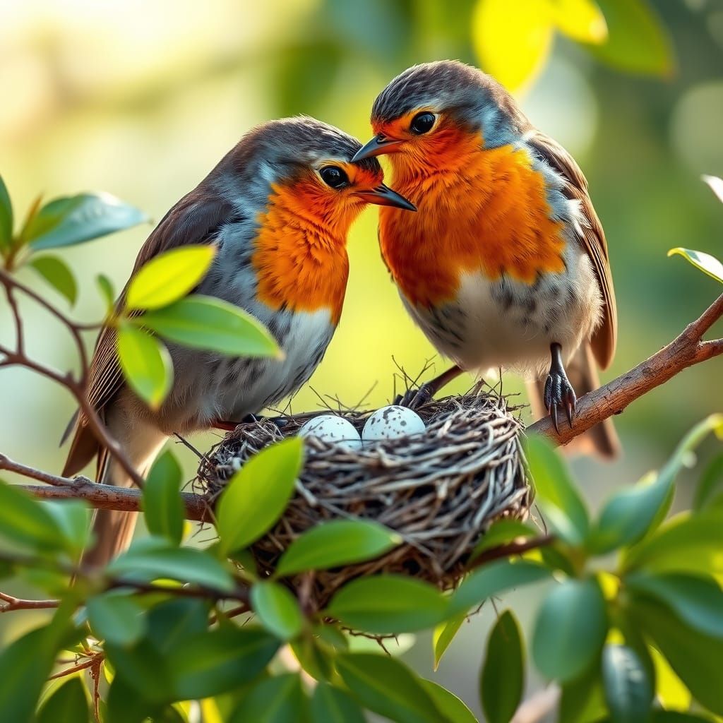 Robin Parents Admire Nest of Eggs