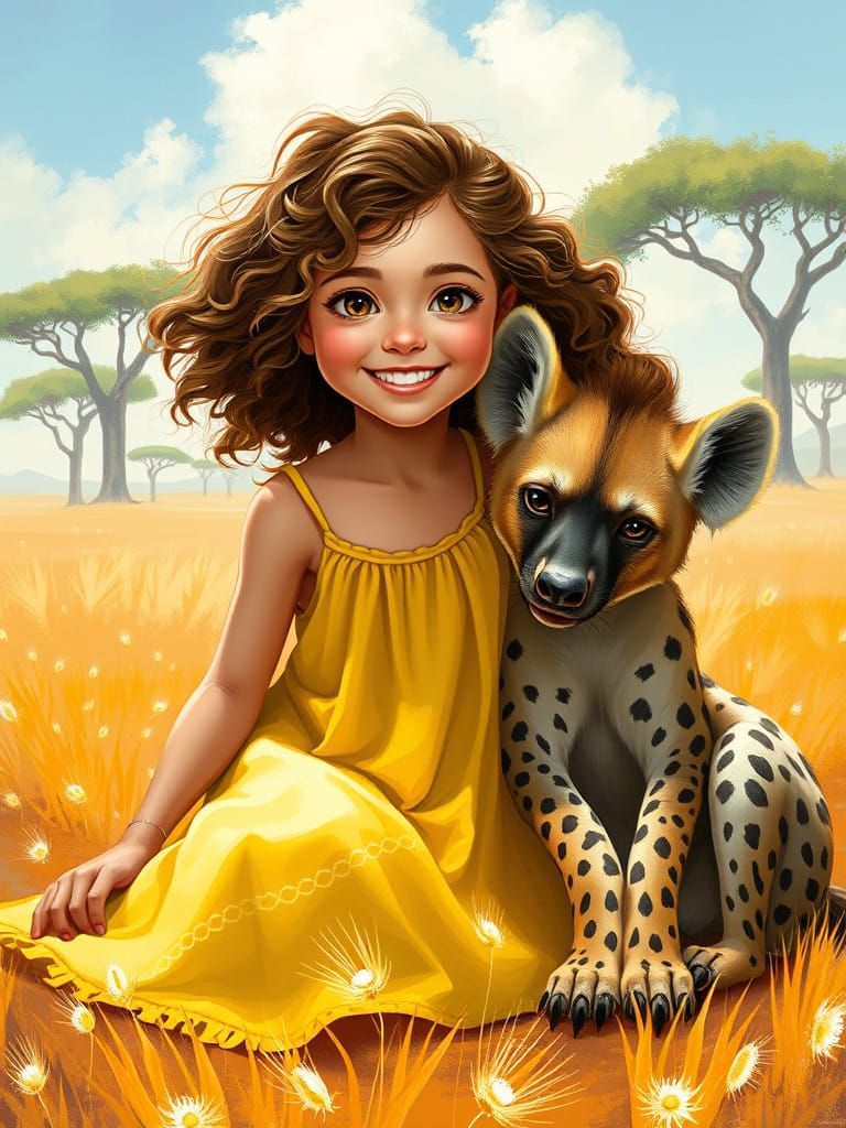 Girl and Hyena in Vibrant Savannah Landscape