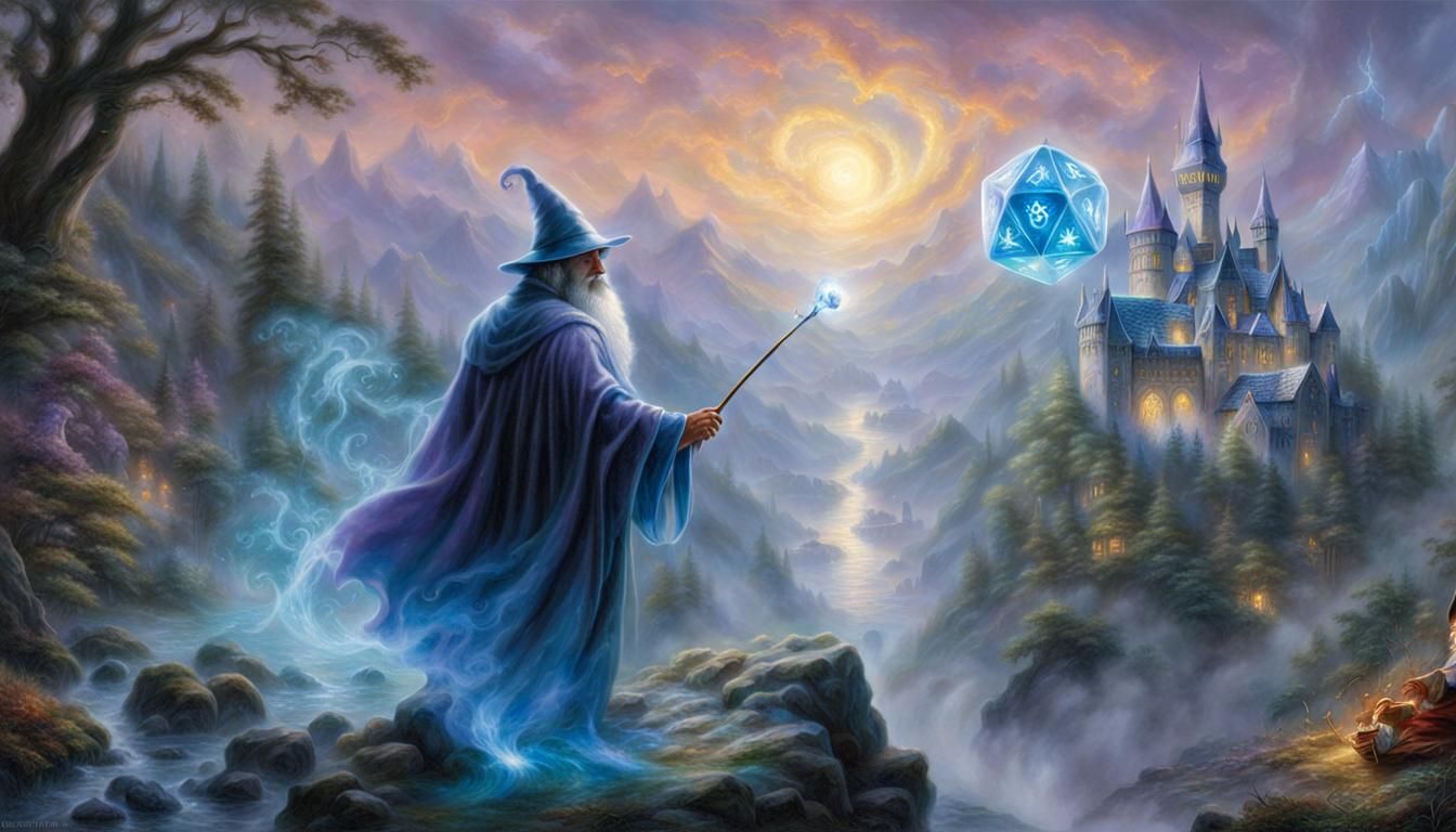 Wizard Rolls Dice in Ethereal Fantasy Landscape