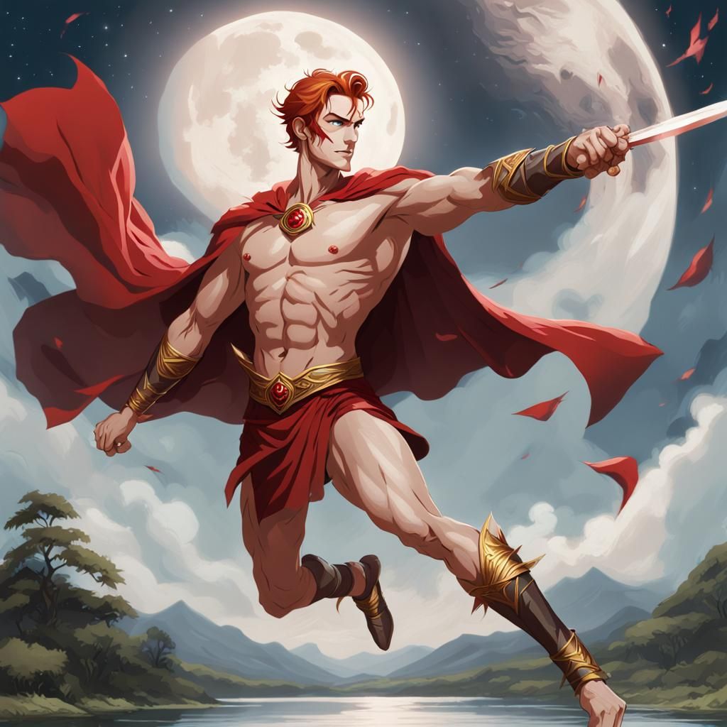 Battle Mage Soaring Over Lake at Night