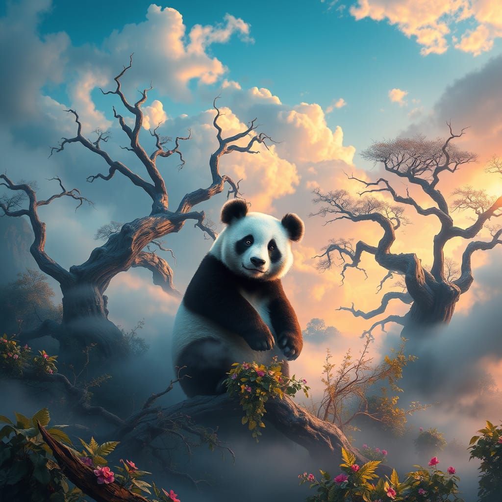 Mystical Panda in Dreamlike Landscape