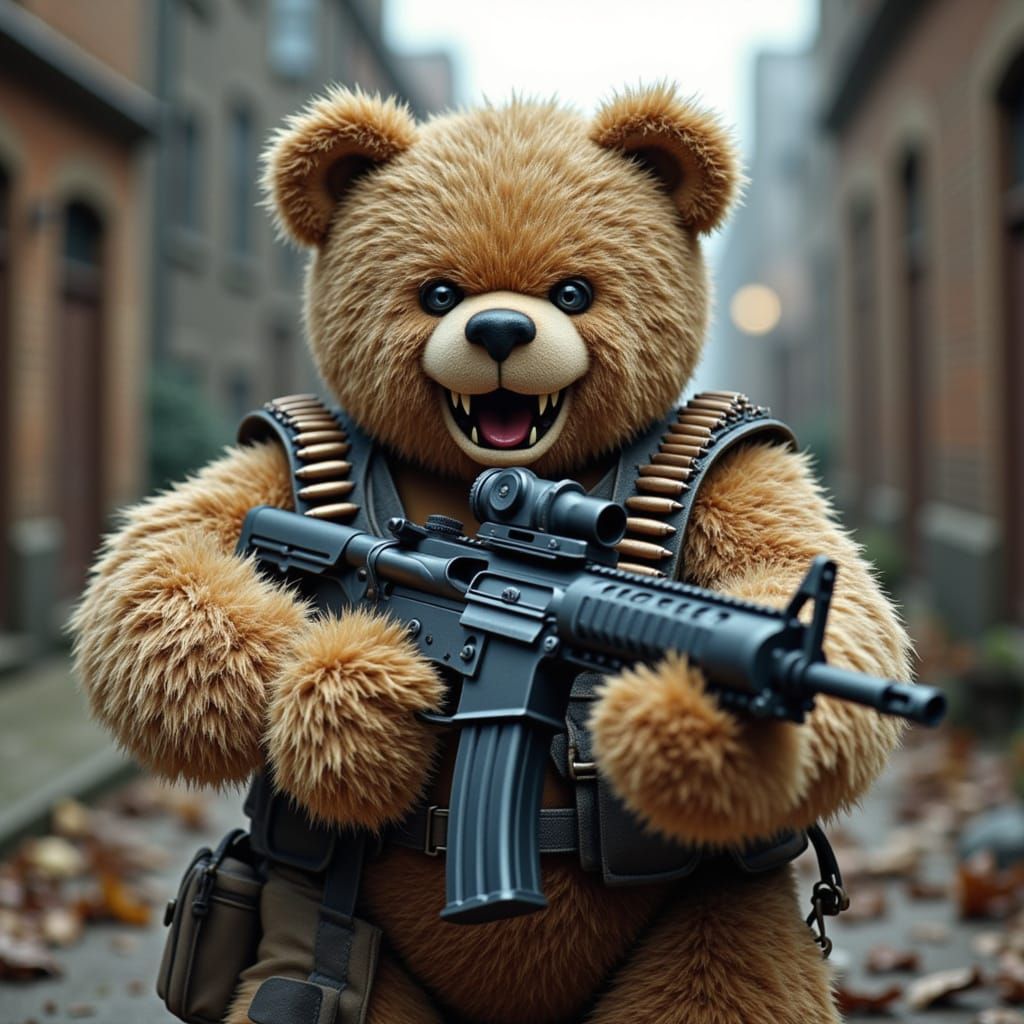 Angry Teddy Bear Rambo with Machine Gun