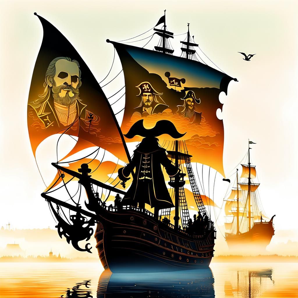 Captain Hook Silhouette in Pirate Boat Sunset Scene, Hyper D...