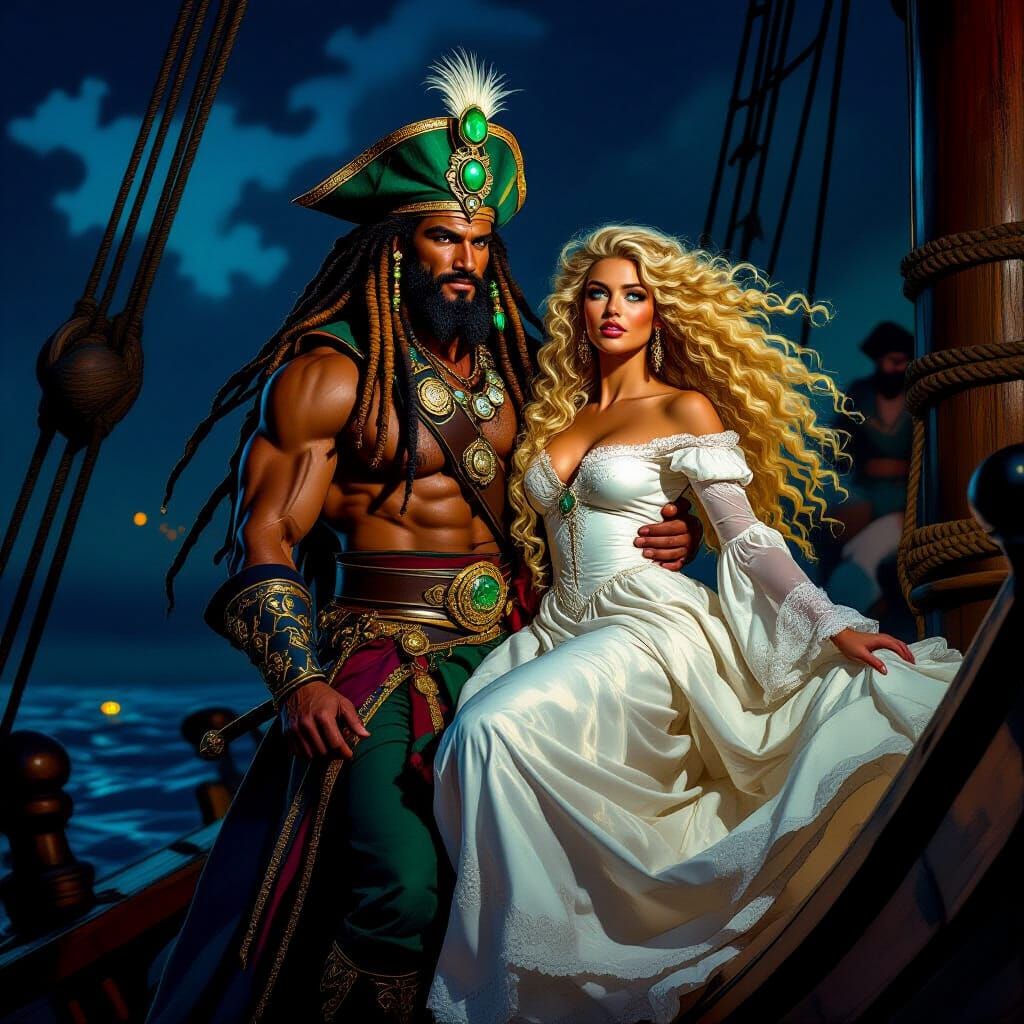Powerful King with Emerald Headdress Carries Woman on Pirate...