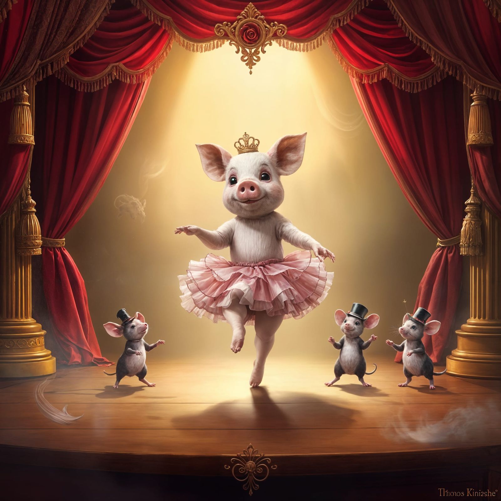 Ethereal Rose Pig Dances on Stage with Tiny Mice