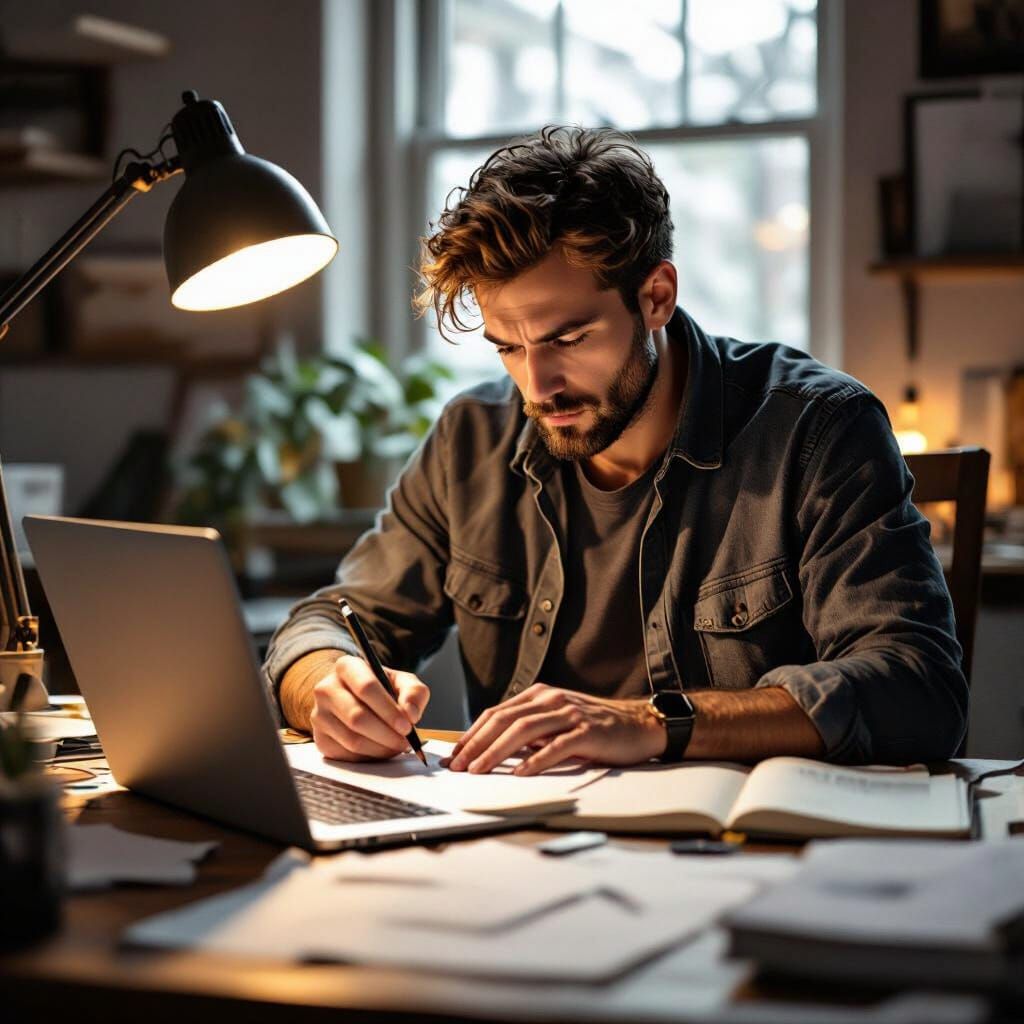 Photorealistic Scene of Man Drawing and Typing