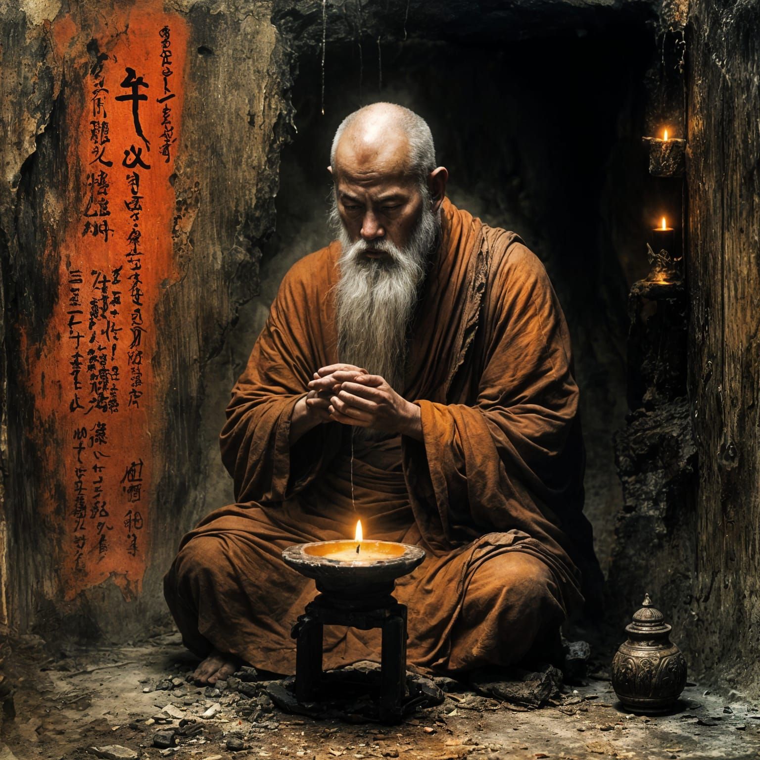 Monk Contemplating Portal by Candlelight